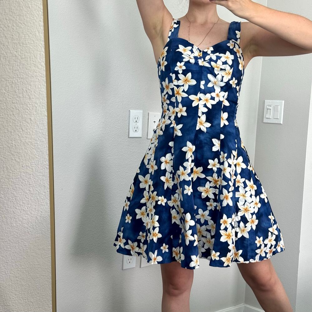 Royal Hawaiian Creations Blue Plumeria Floral Dress S Cotton Resortwear Beach